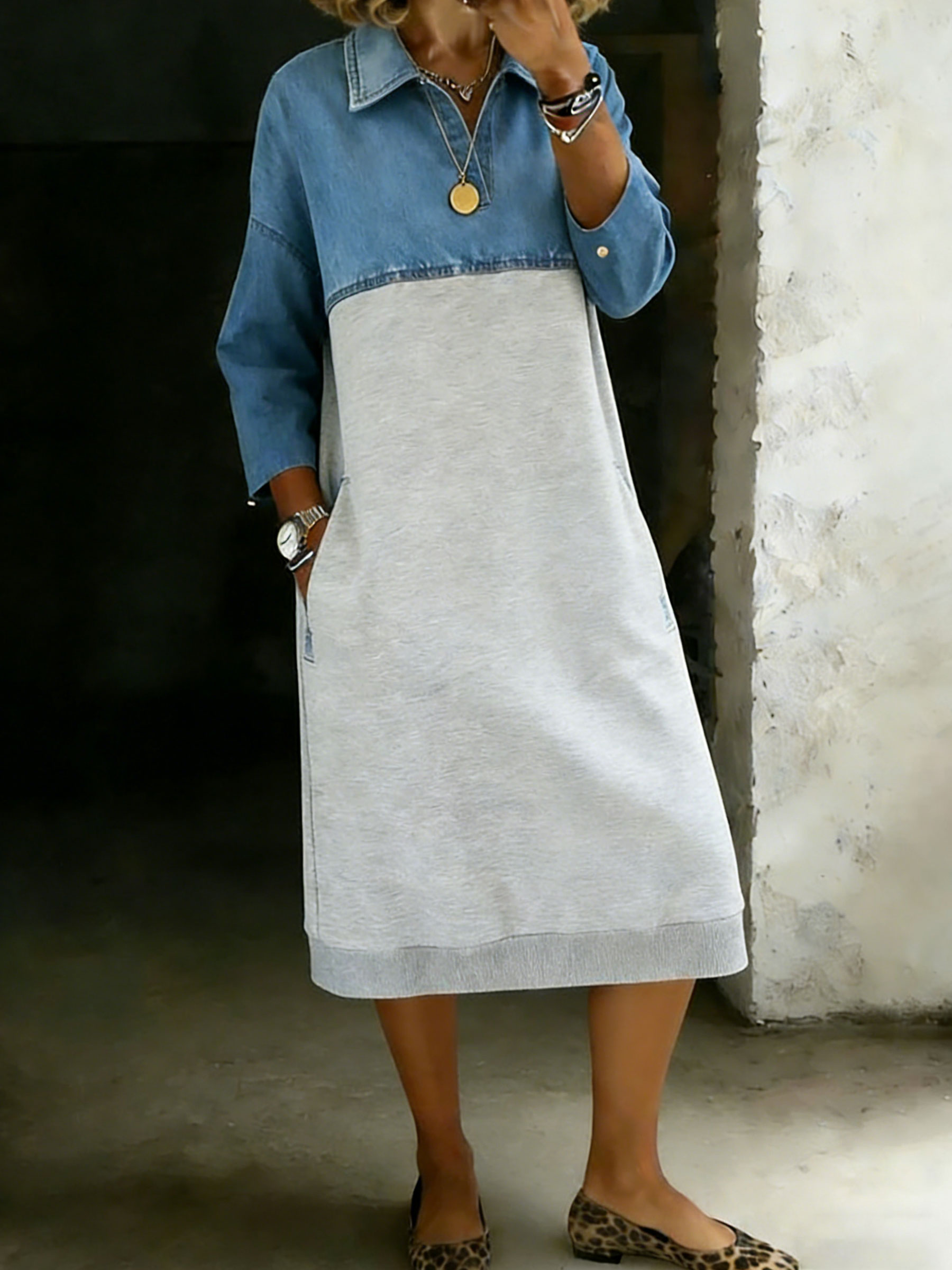 Women's Casual Stylish Denim Patchwork Contrast Colors Shirt Dress