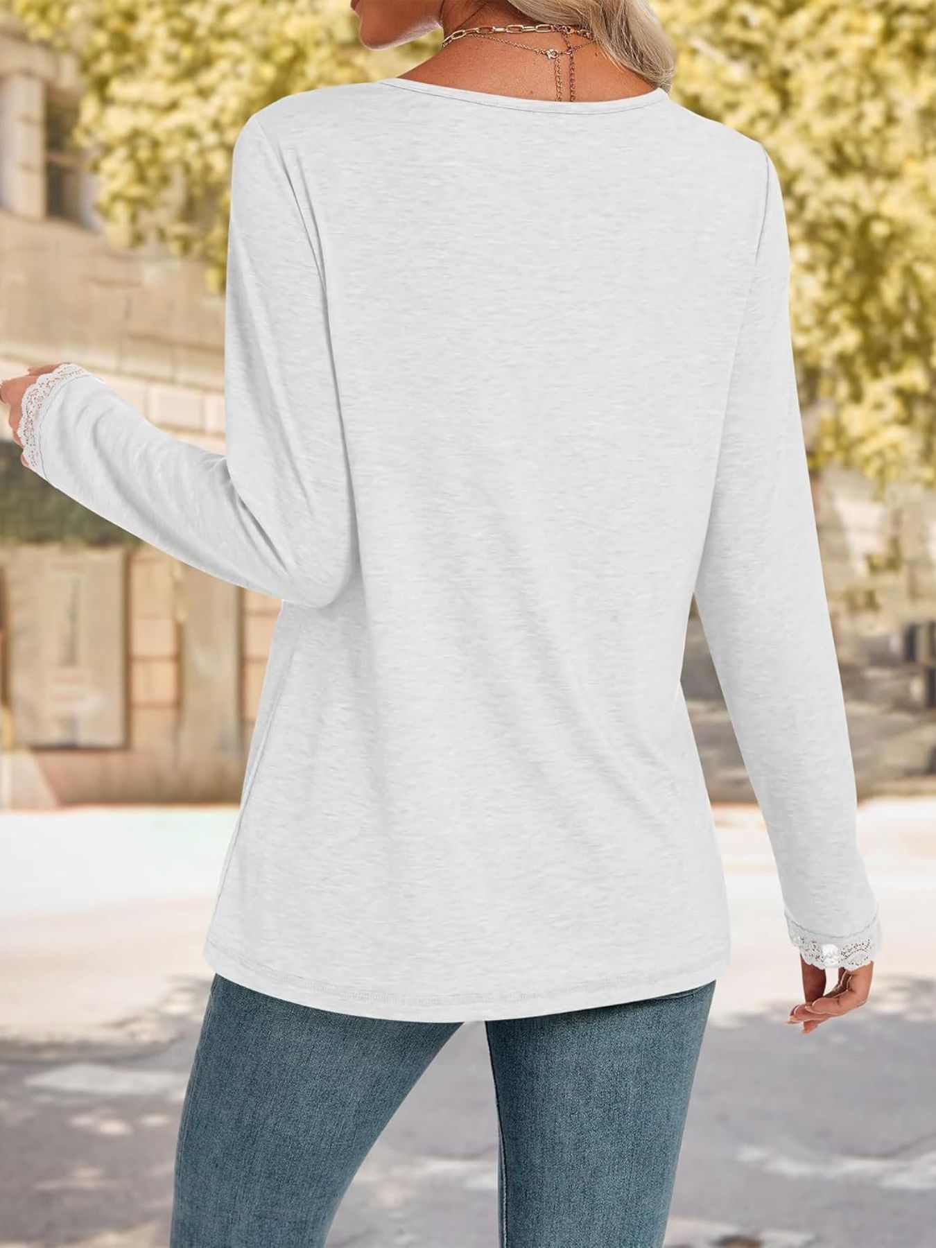 Lace Trim V-Neck Long Sleeve T-Shirt