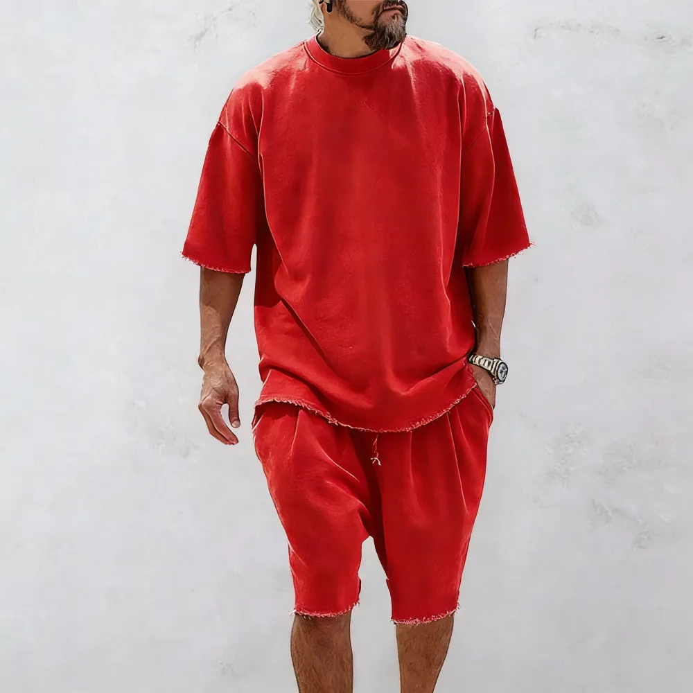 Men's Textured Sweatsuit Loose Fit Casual Sports Outfits