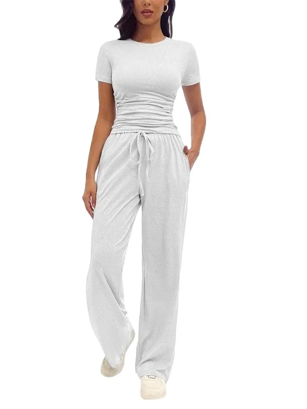 Women's Solid Round Neck Tee & Pants Loungewear
