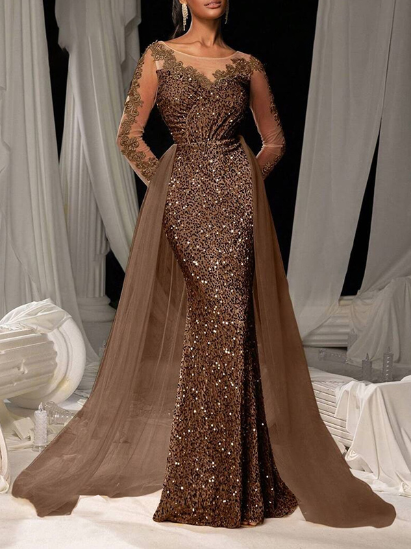 Sequinned Flower Lace Mesh Splicing Long Sleeves Mermaid Evening Maxi Dresses