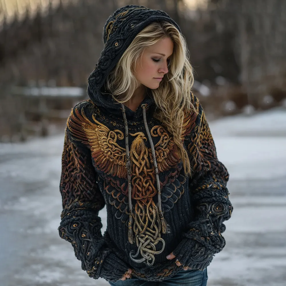Women's Celtic Knot Myth Phoenix Embroidered Ombre Hooded Sweater