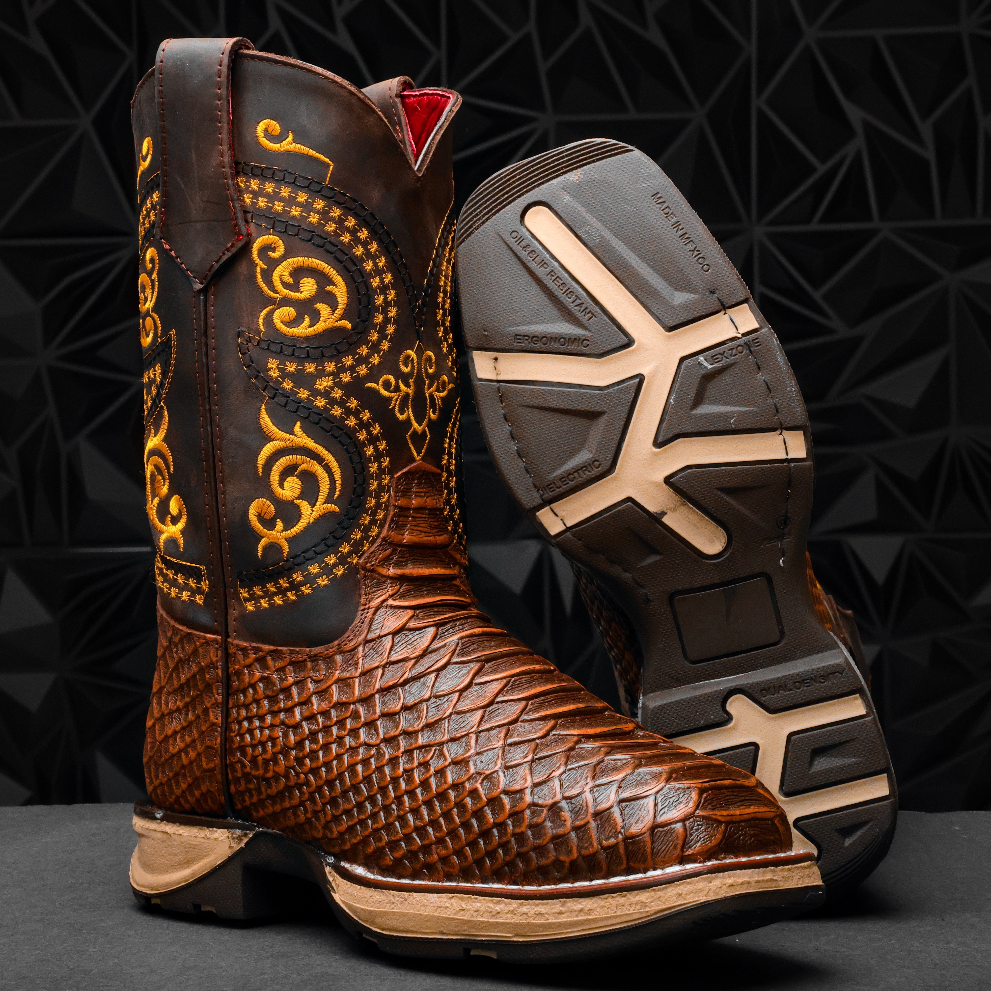 Cognac Jumbo Python Leather Boots With 3D Lightweight Sole - Composite Toe