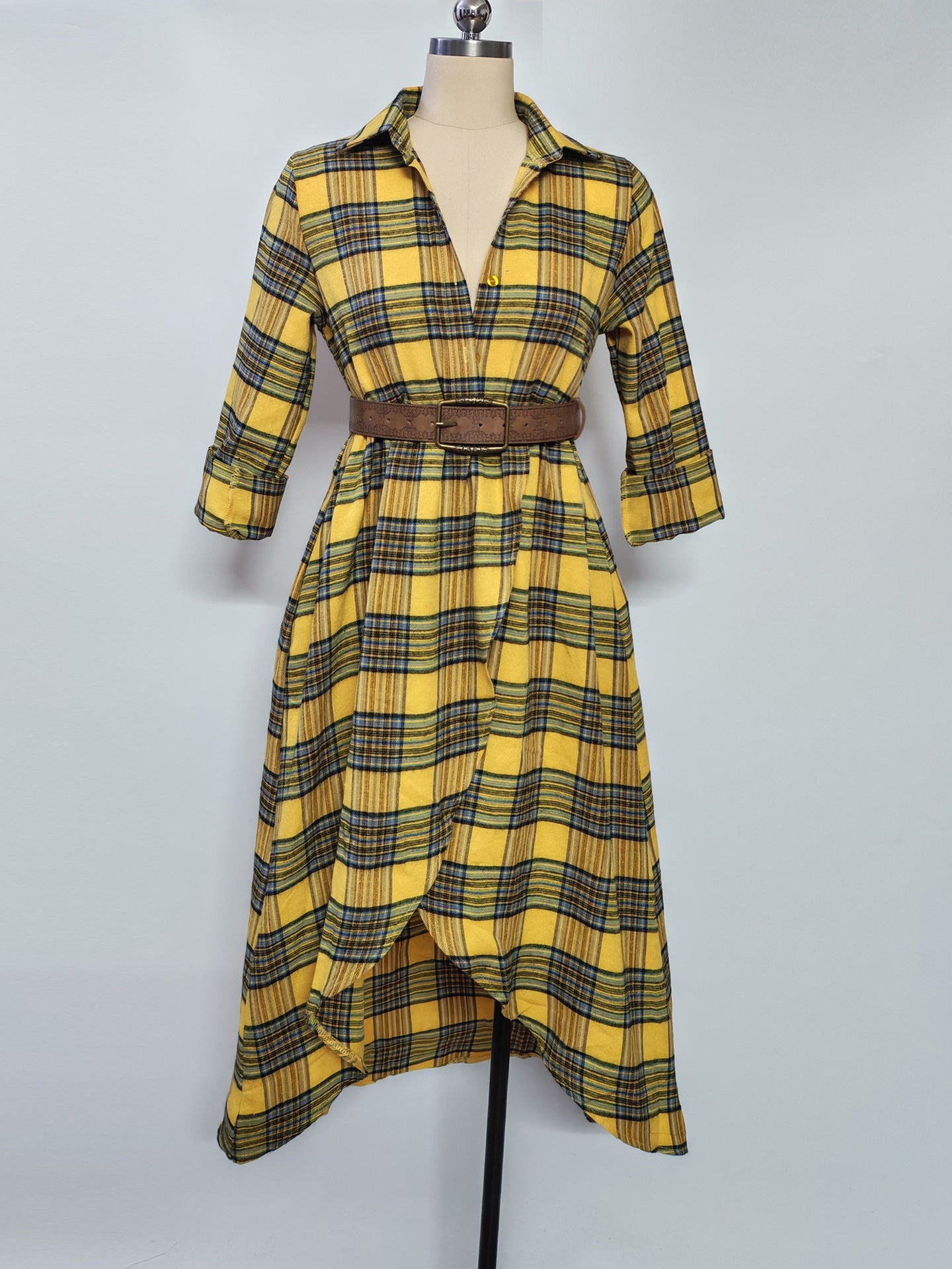 Casual loose retro plaid shirt dress with belt
