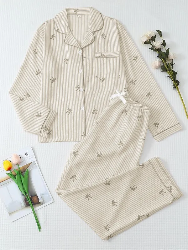 Women's Striped Bow Print Long Sleeve Pajama Set