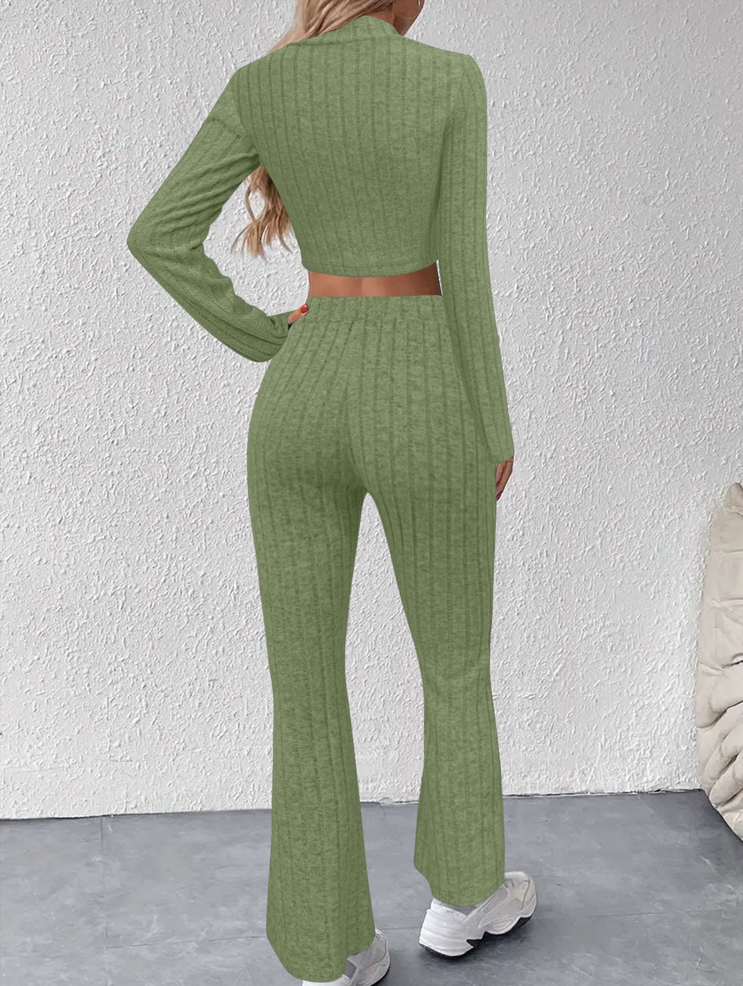 Women's Ribbed Cardigan High Waist Flare Pants Suit_CWSS01459