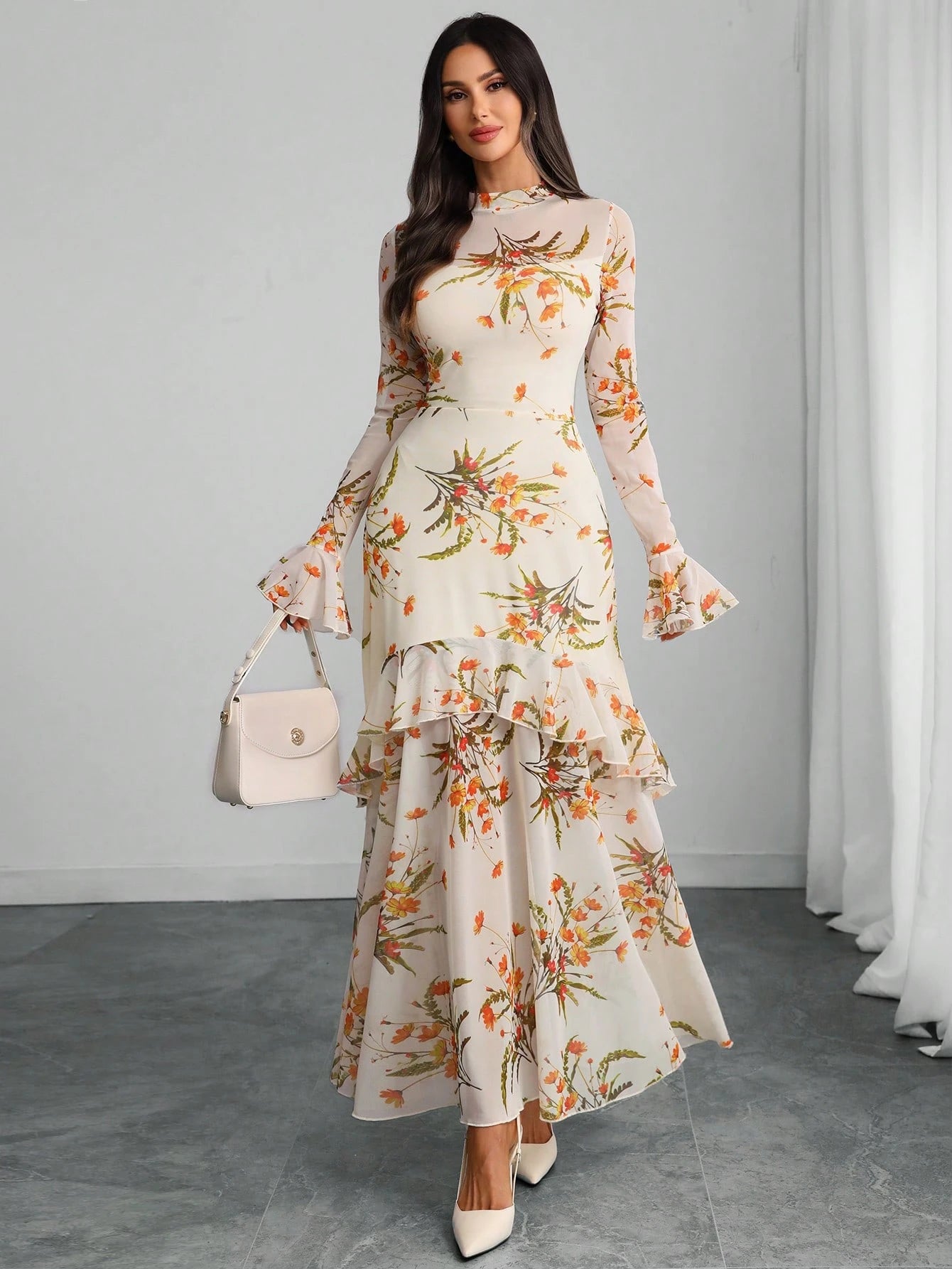 Women's Gothic Elegant Sexy Mesh Splicing Colorful Print Retro Petal Sleeves Ruffle Mermaid Hem Double Layer Dress