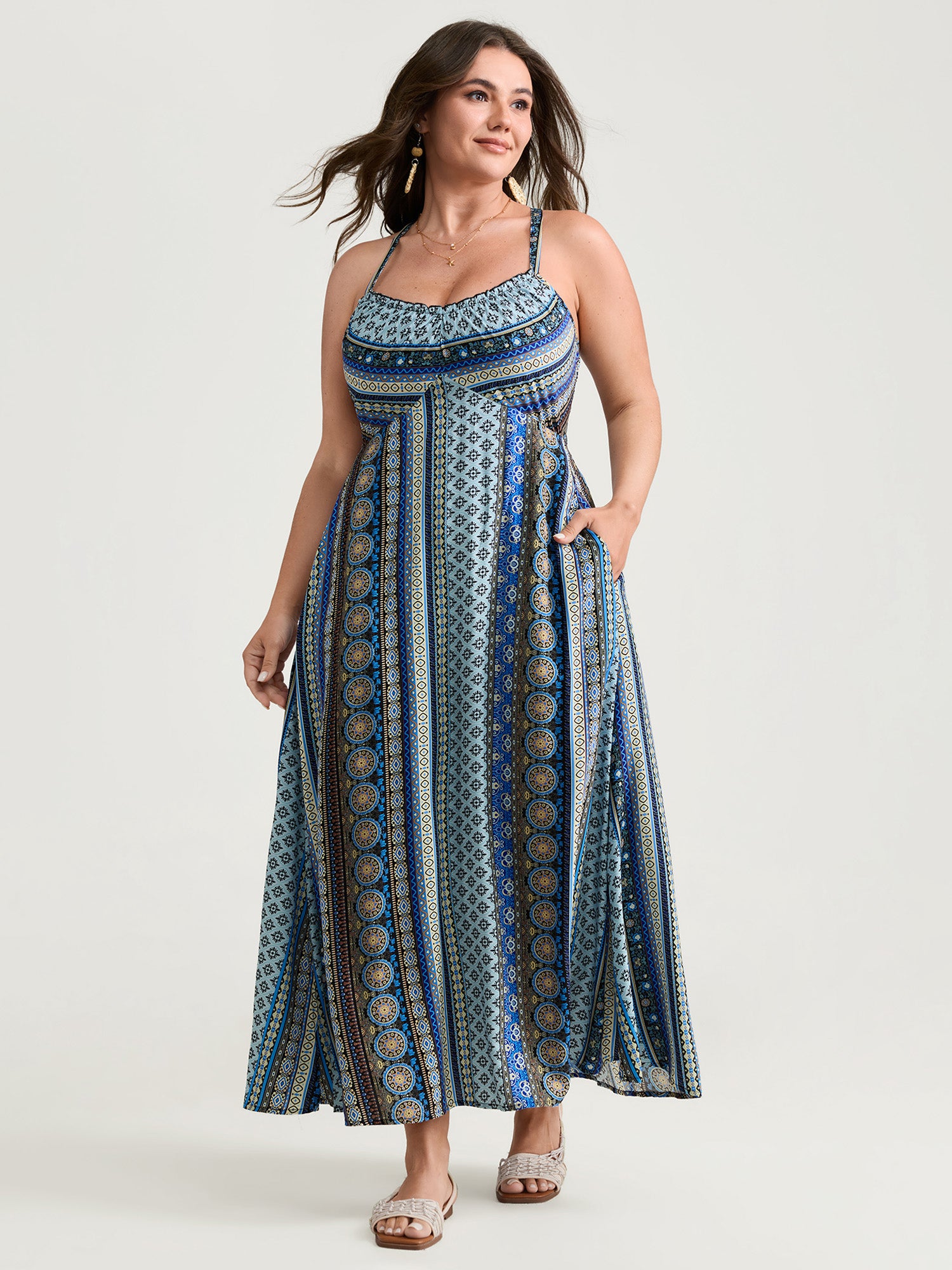 Boho Stripe Rayon Pockets Cami Maxi Dress