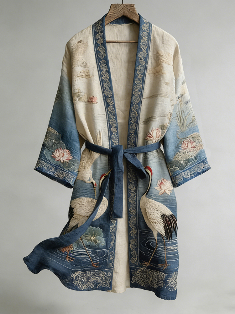 Retro Japanese Crane And Lotus Art Linen Blend Long Kimono