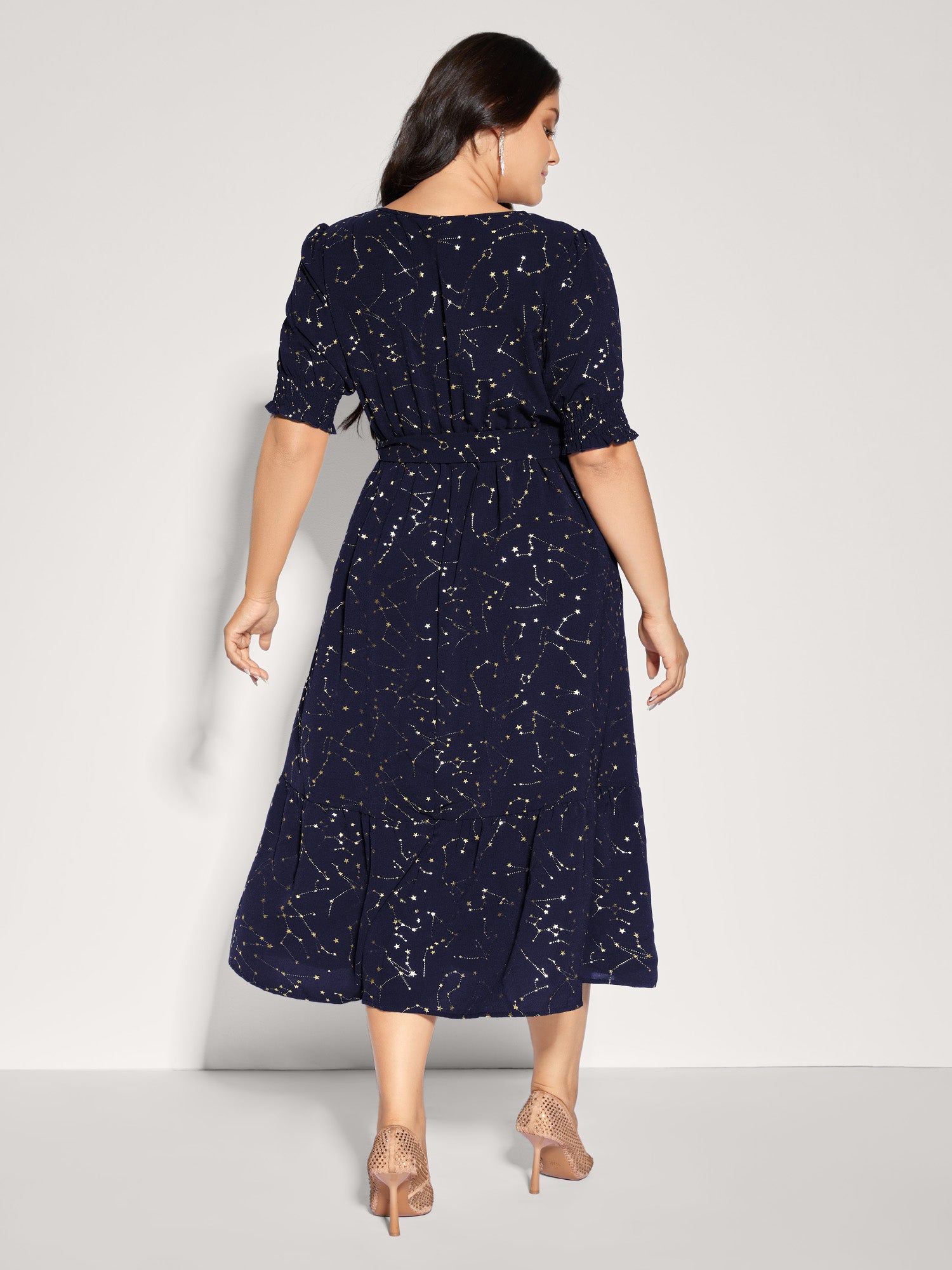 Shimmery Star Print Stretchy-Waist Midi Dress