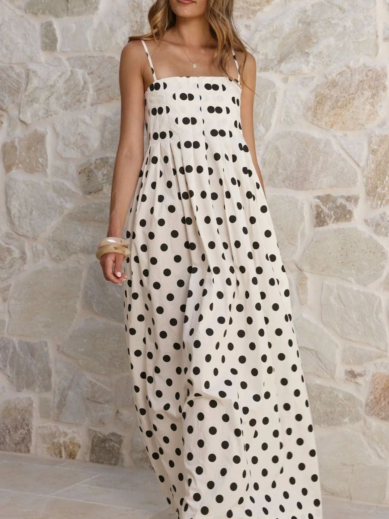 Polka Dot Pleated Detail Maxi Dress