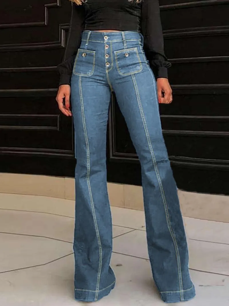 Women's Plain Flare Leg Jeans with Button & Pockets , Casual Bell Bottom Trousers for Daily Wear
