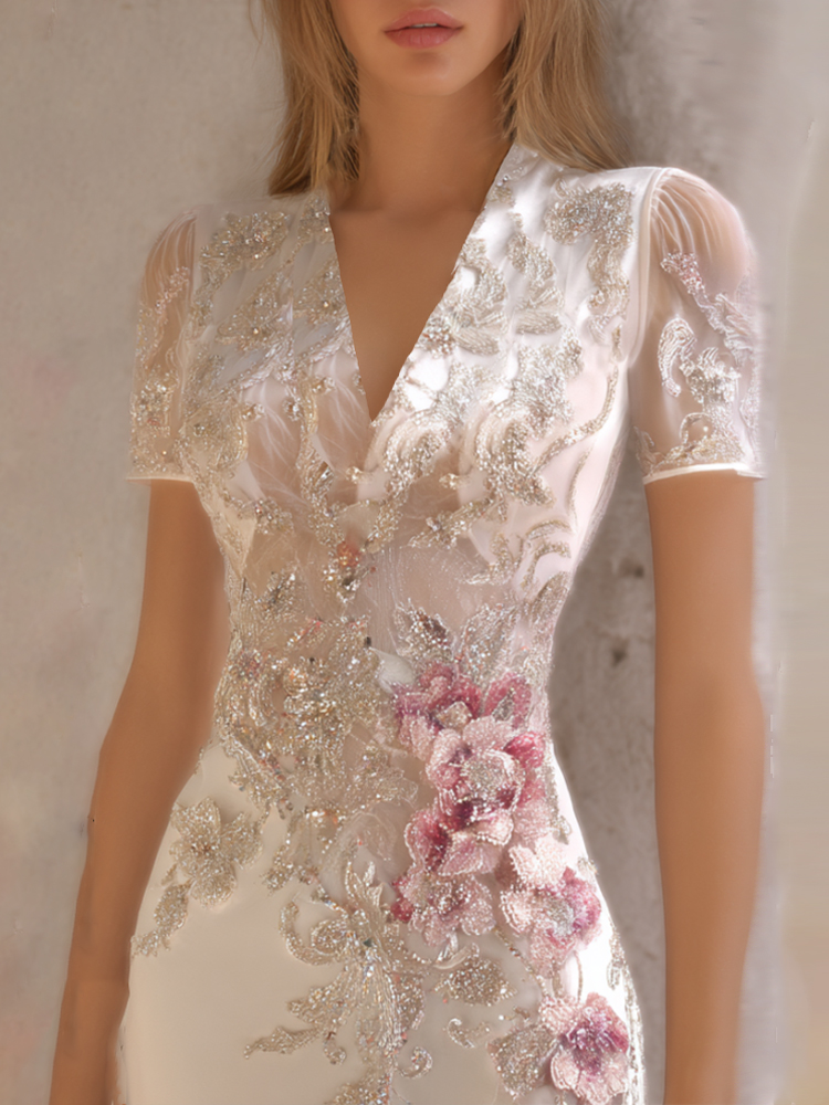 Bohemian Style Pink Flower Silver Sequin Small V-neck Short-sleeved Long Dress