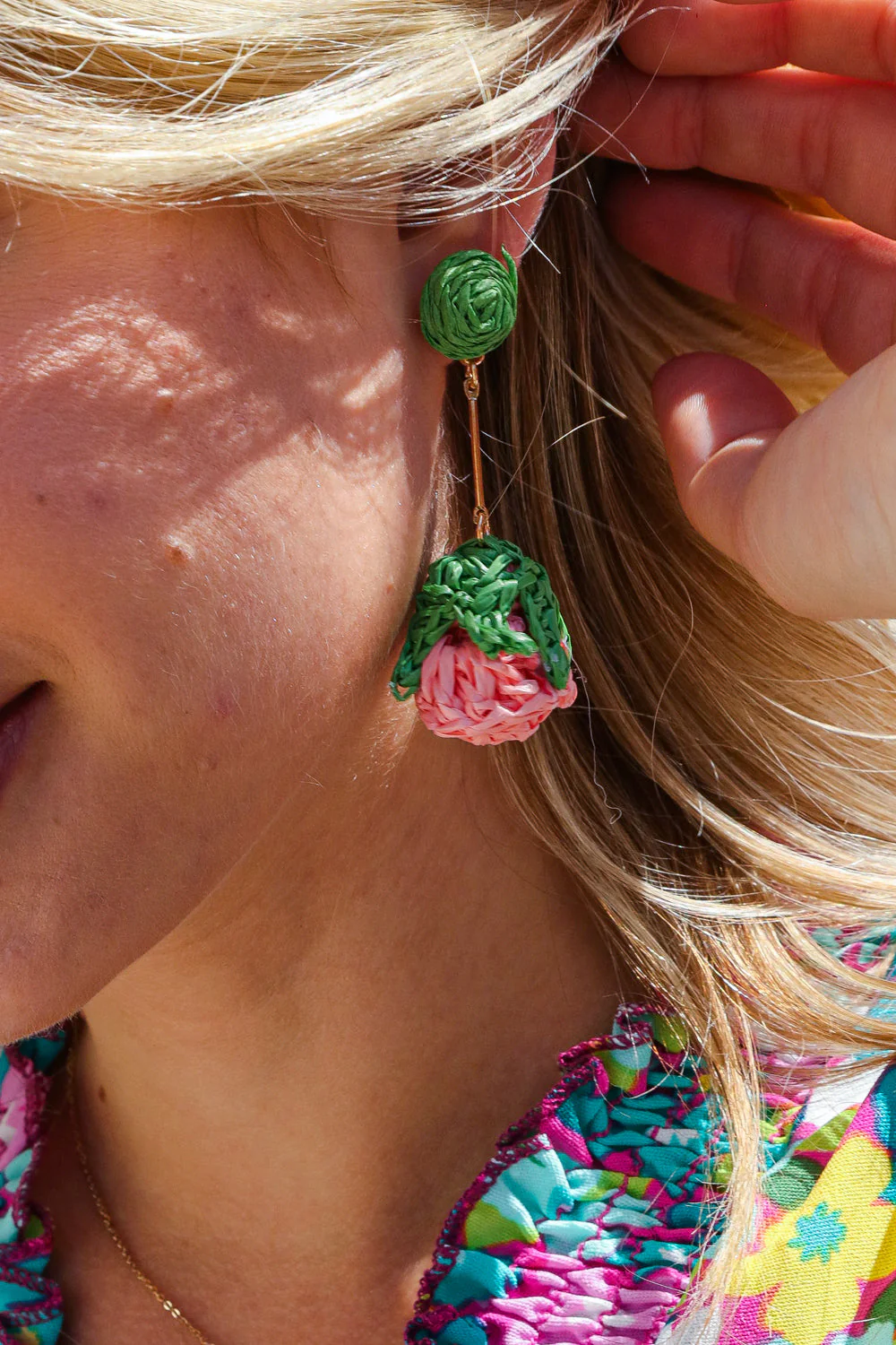 Rose Strawberry Woven Rattan Gold Dangle Earrings