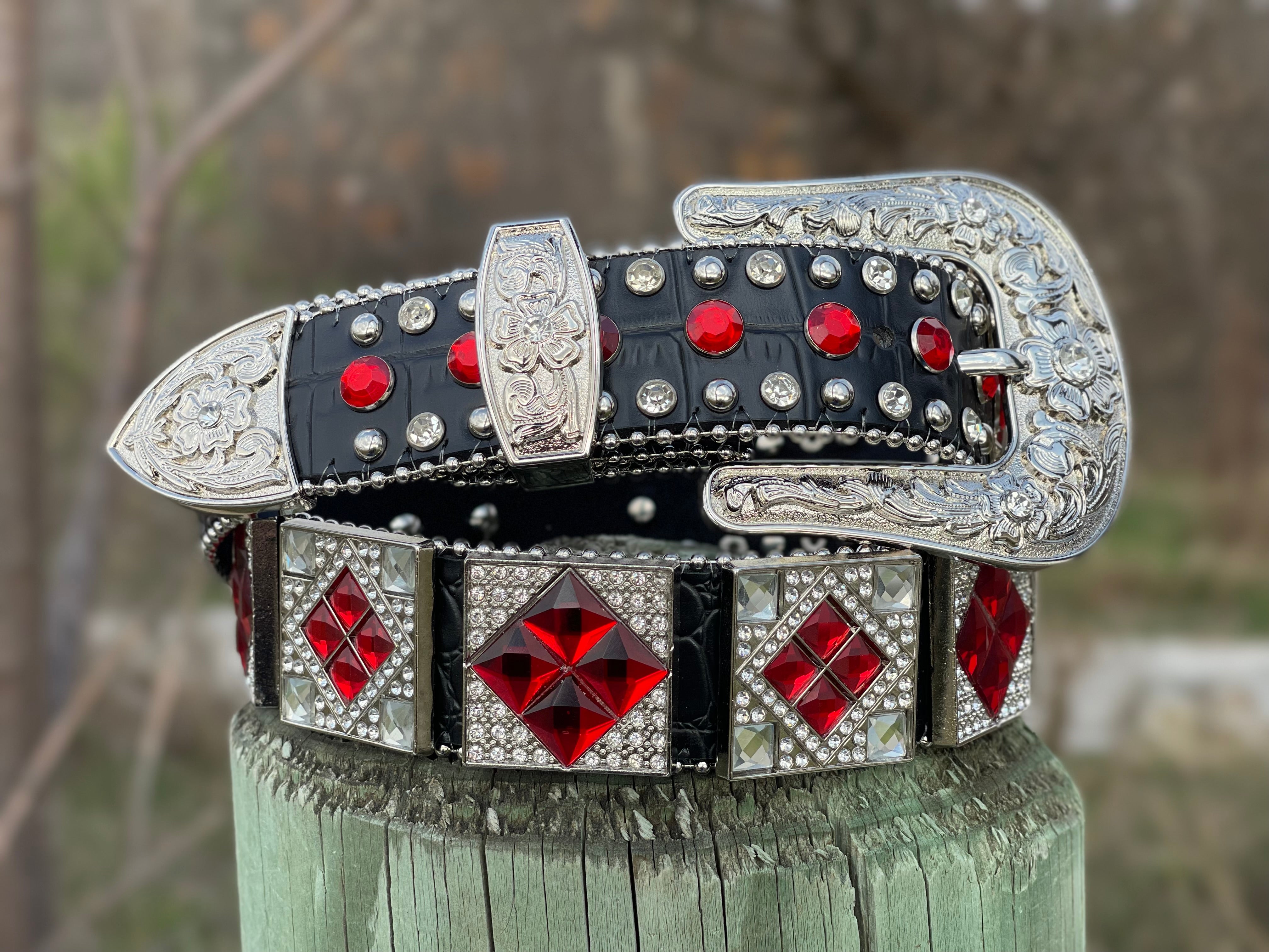 Unisex Black Leather Belt With Red Rhinestones