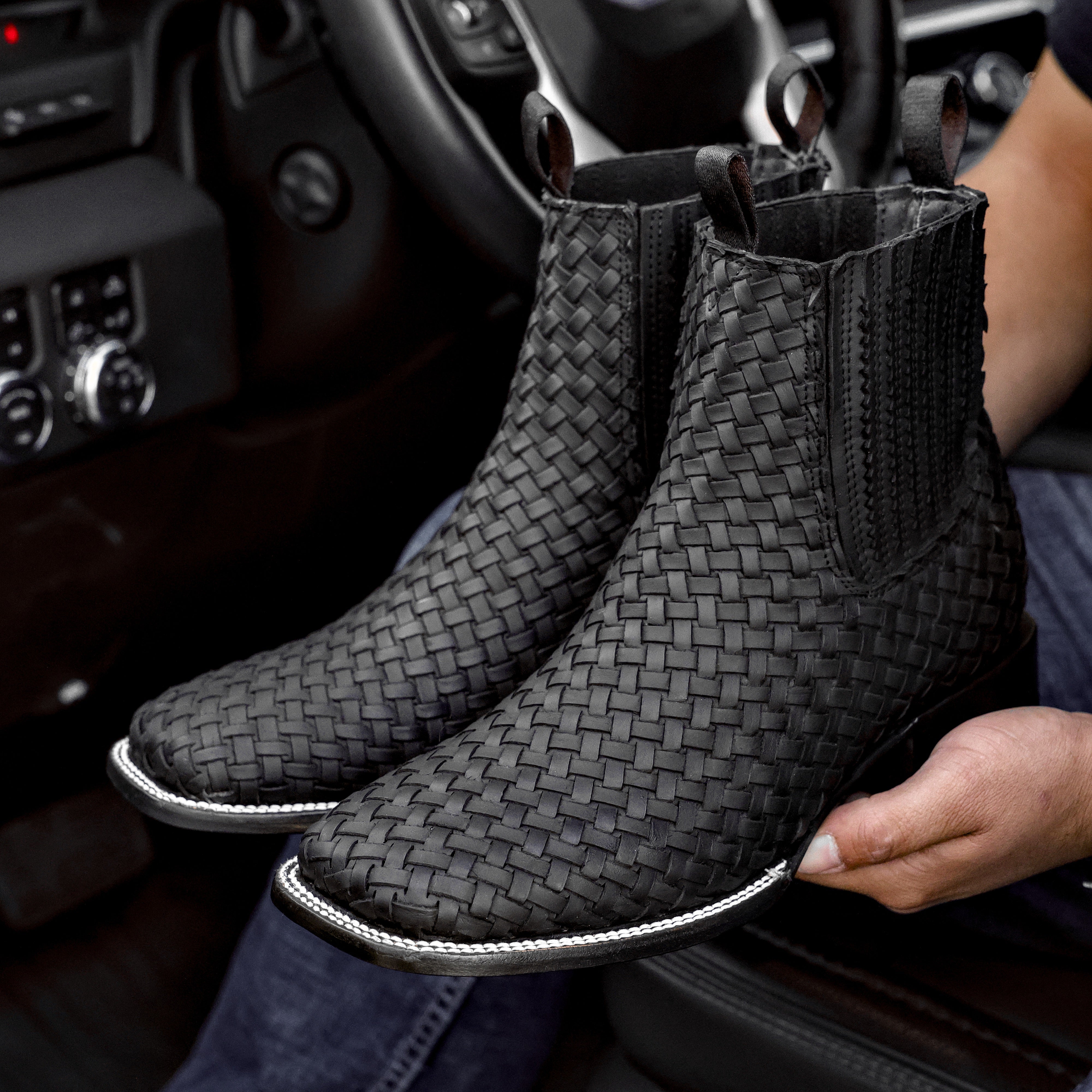 Matte Black Basketweave Leather Botines - Square Toe