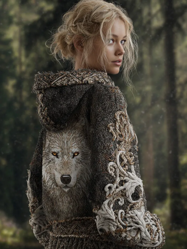 Viking Retro Style Wolf Element Women's Hooded Knit Sweater