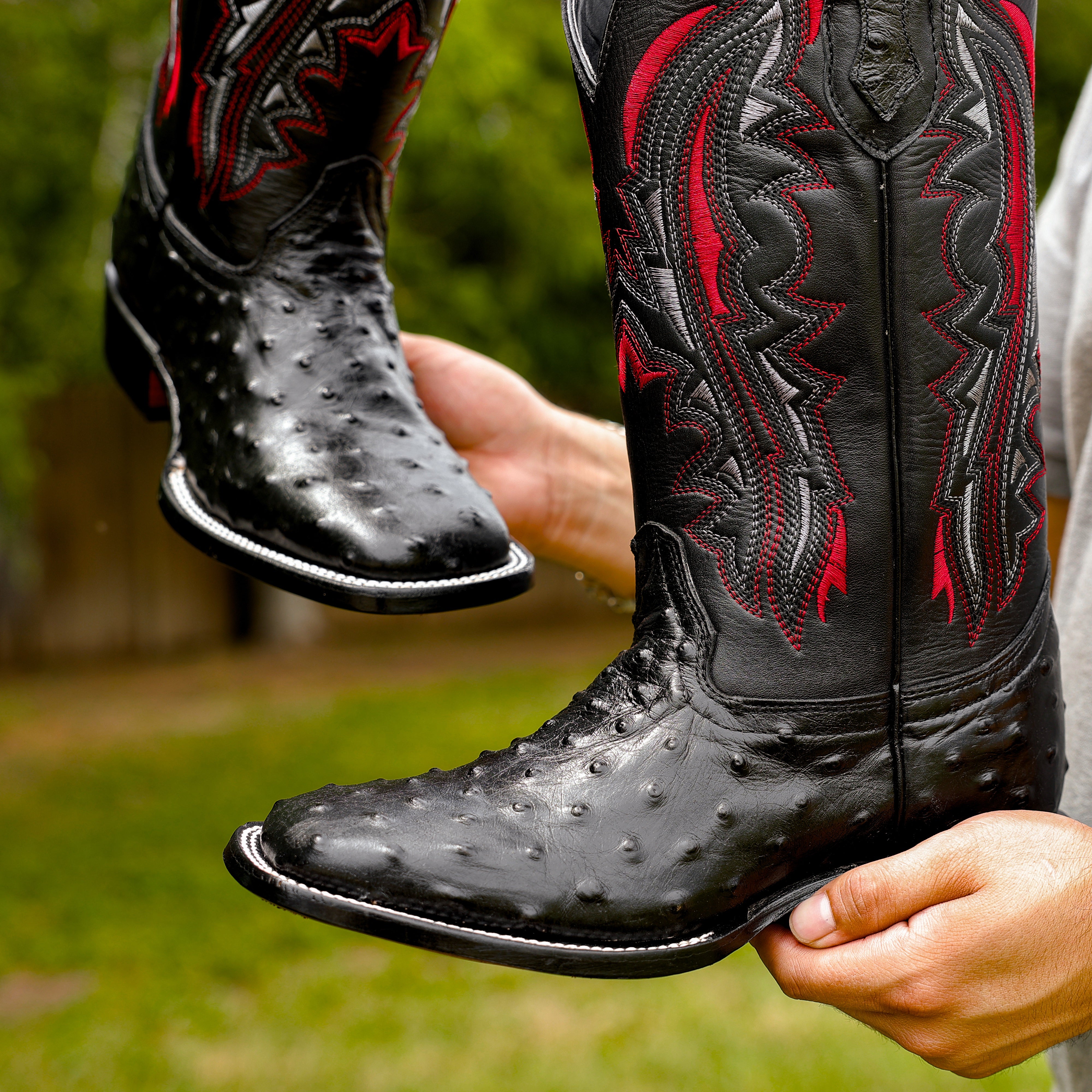 Black Ostrich Leather Boots - Square Toe