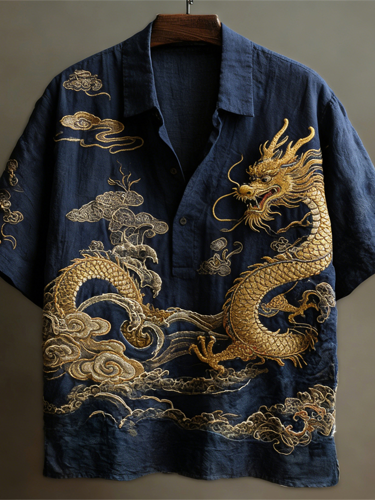 Japanese Dragon Totem Art Linen Short Sleeve Shirt