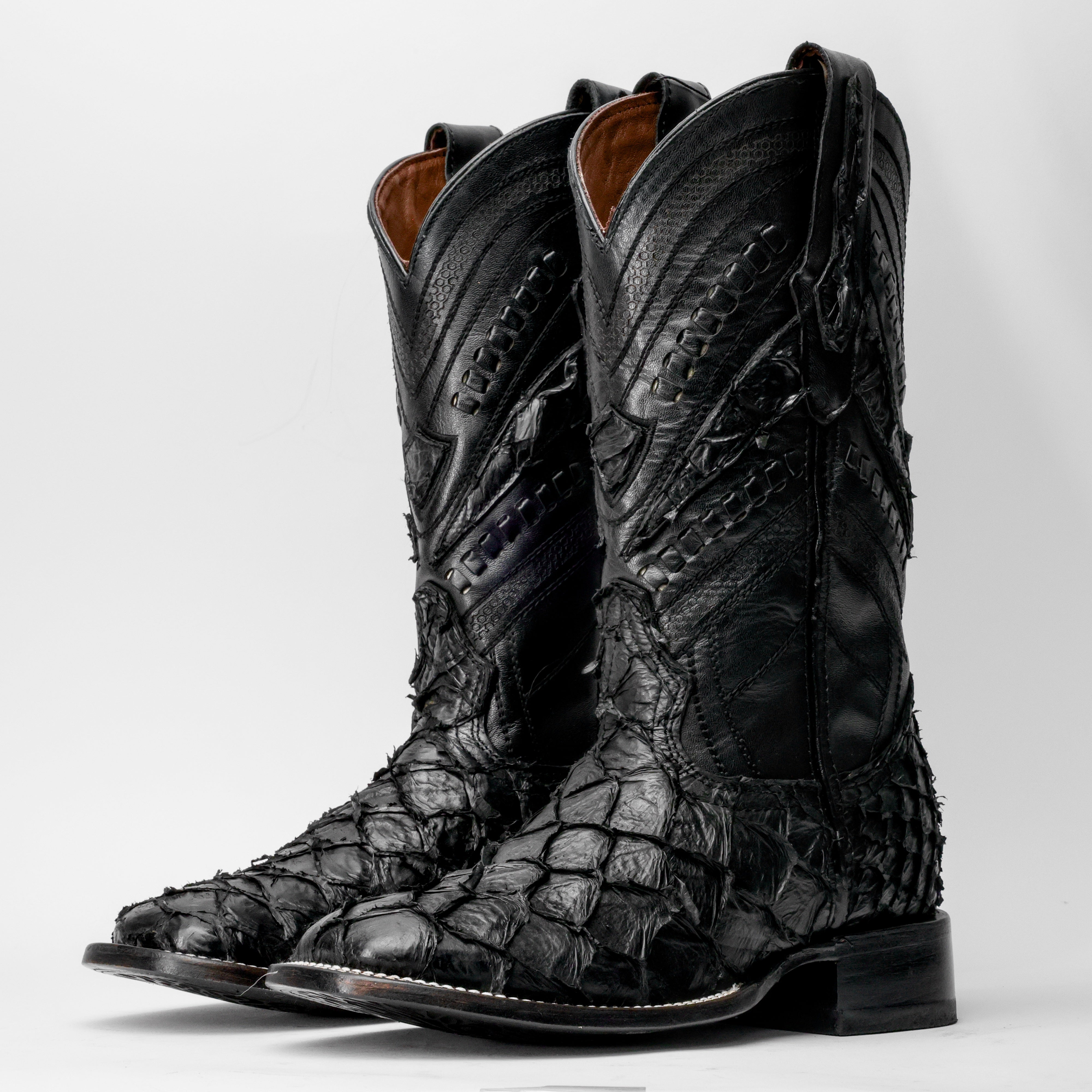 GENUINE Black Pirarucu Boots - Square Toe