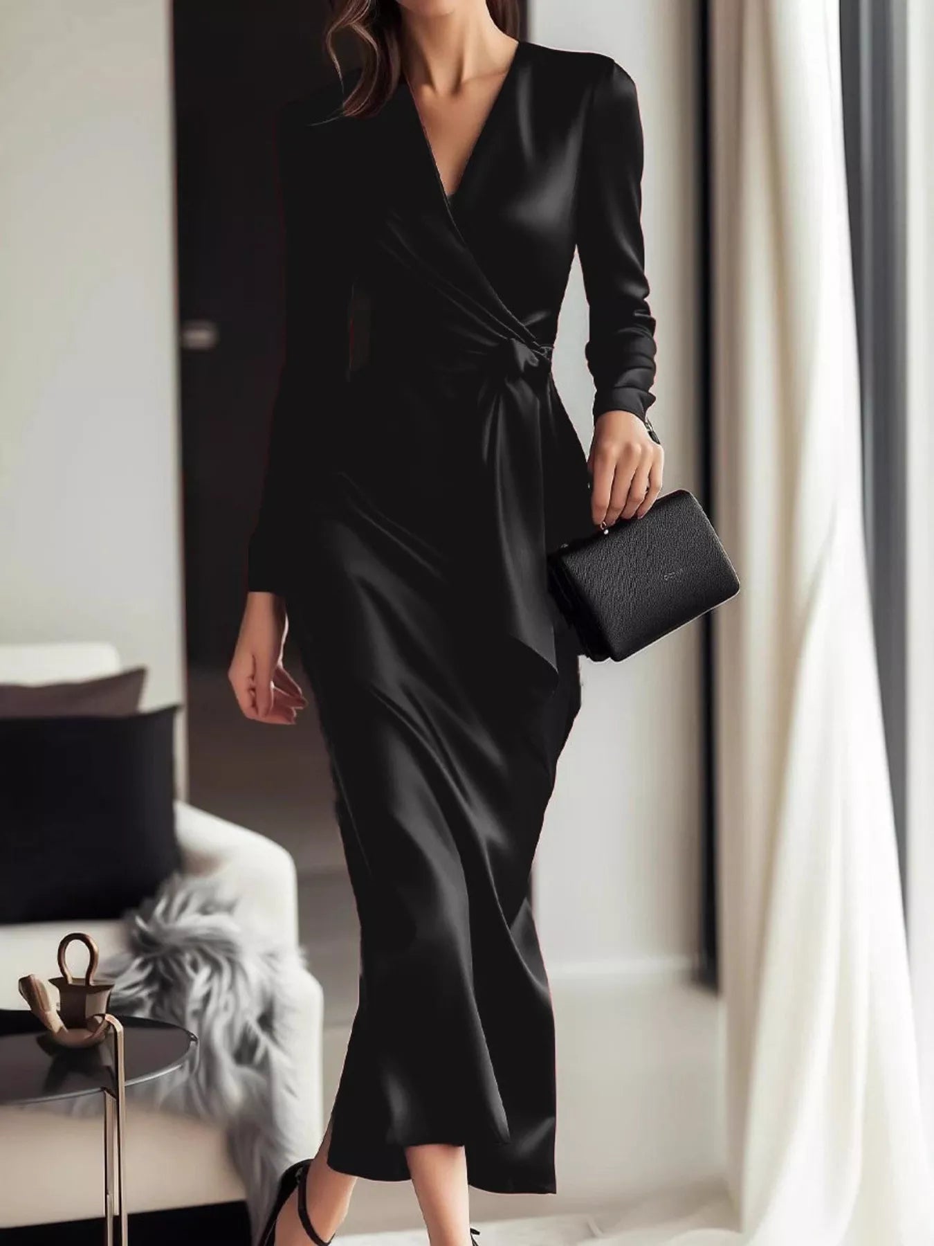 Satin Wrap Long Sleeve Midi Dress