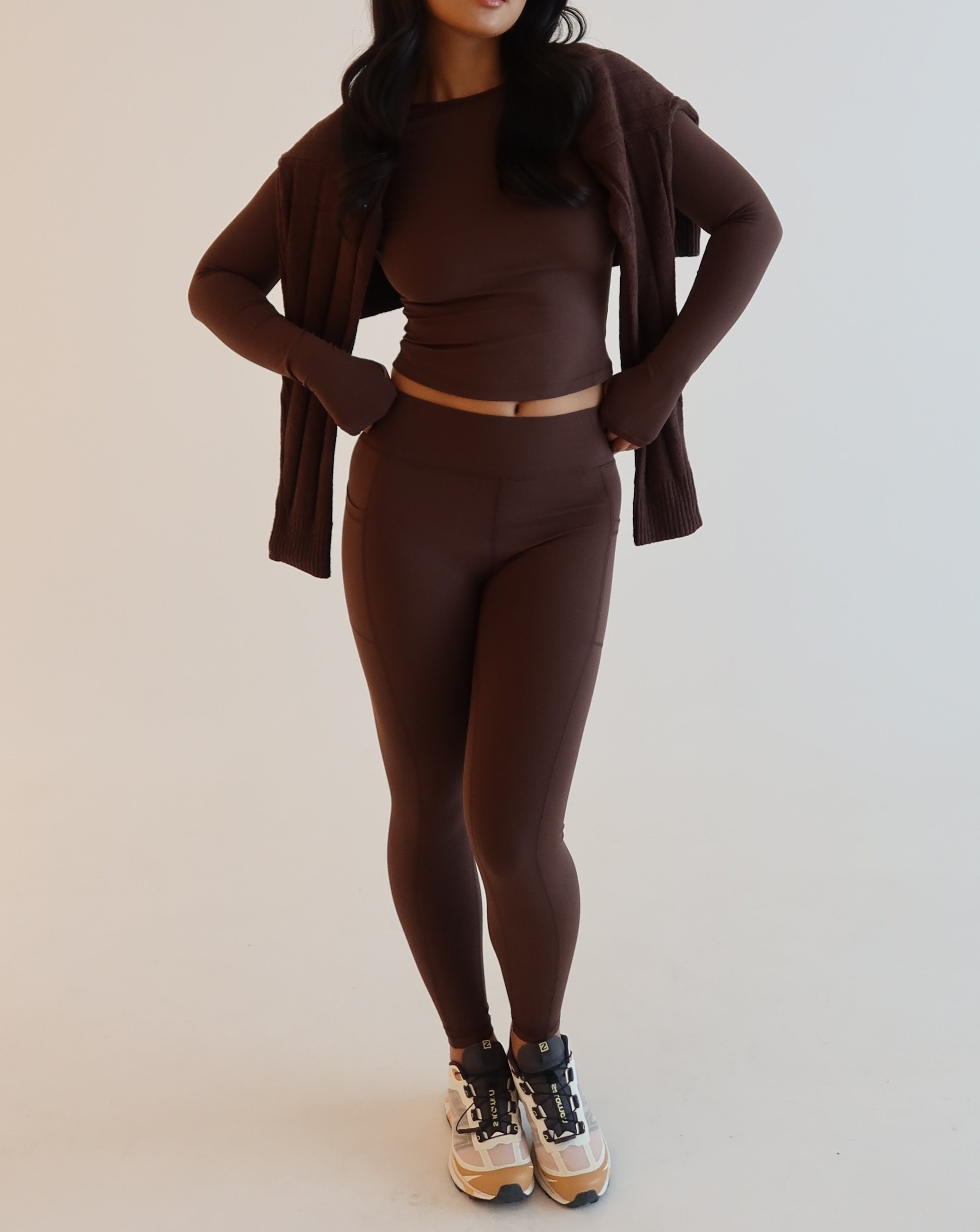 Chocolate V Back Leggings With Pockets