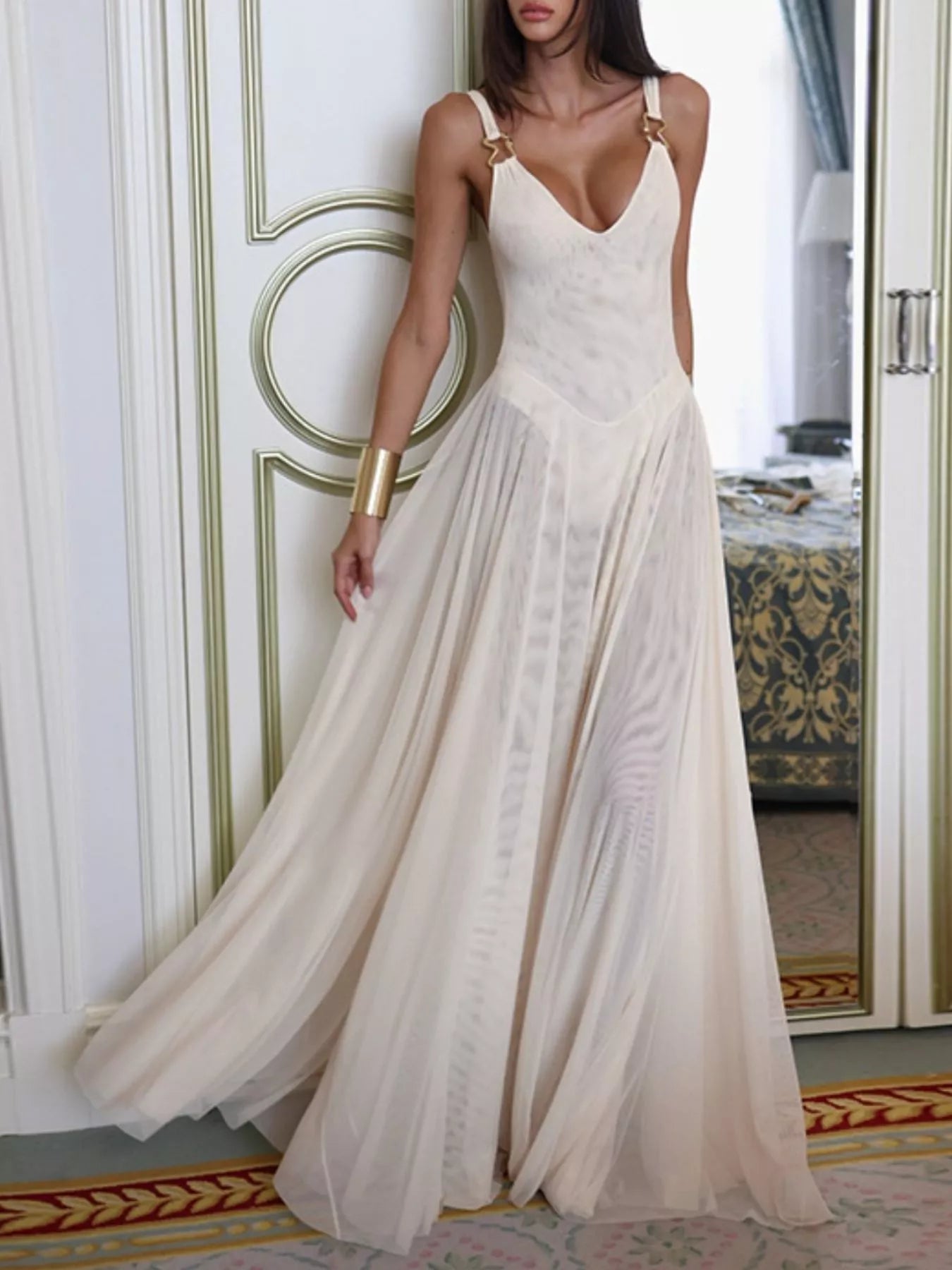 Sleeveless Sheer Maxi Dress with Gold Hardware Detail