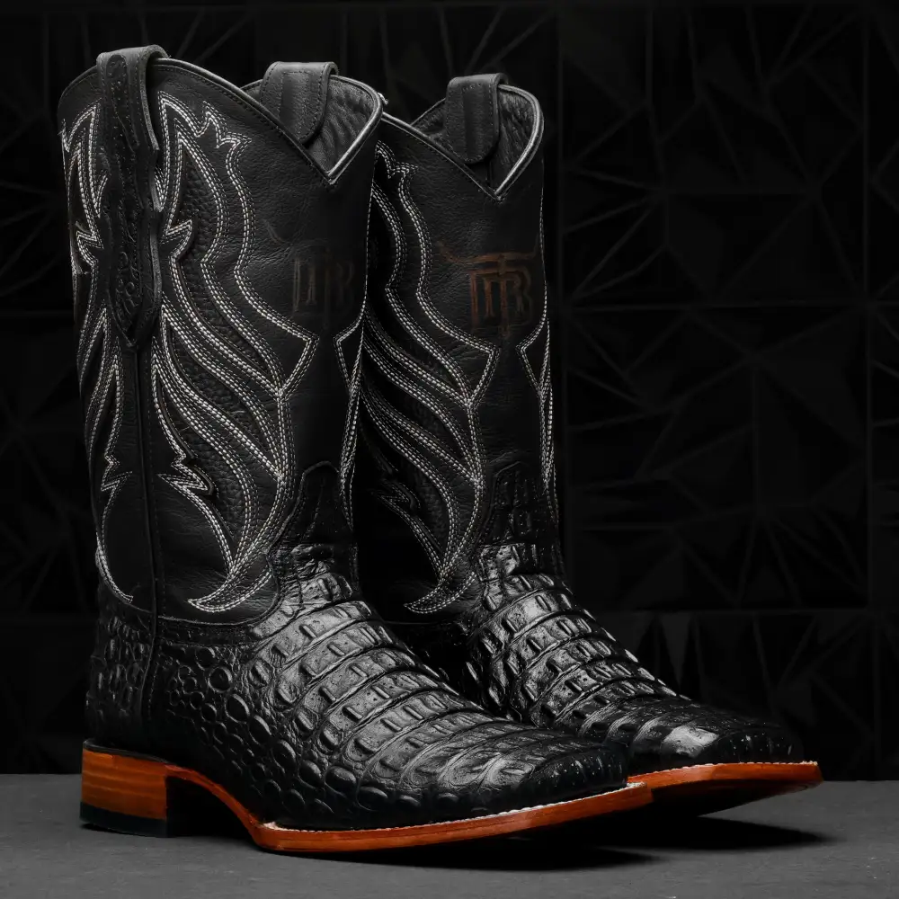 Black Caiman Hornback Leather Boots - Square Toe