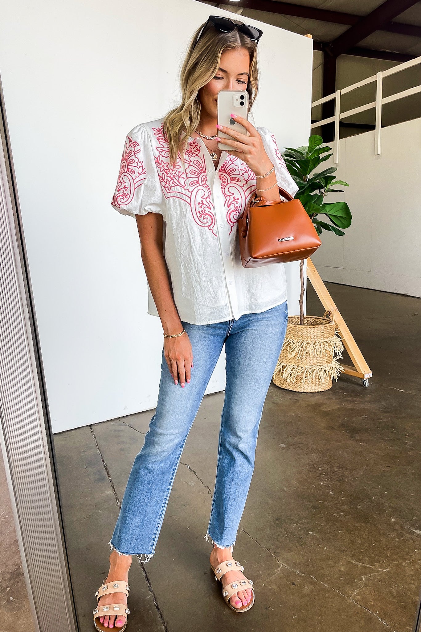 Embroidered Button Down Top