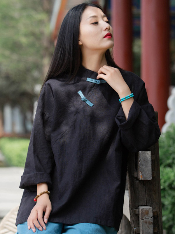 Vintage Linen Frog Loose Long Sleeve Shirt Tops