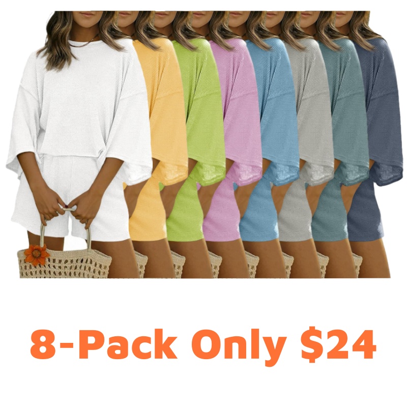 Womens Short Sets 2 Piece Outfits 3/4 Sleeve Tops and Elastic Waist Shorts Lounge Set Casual Loungewear