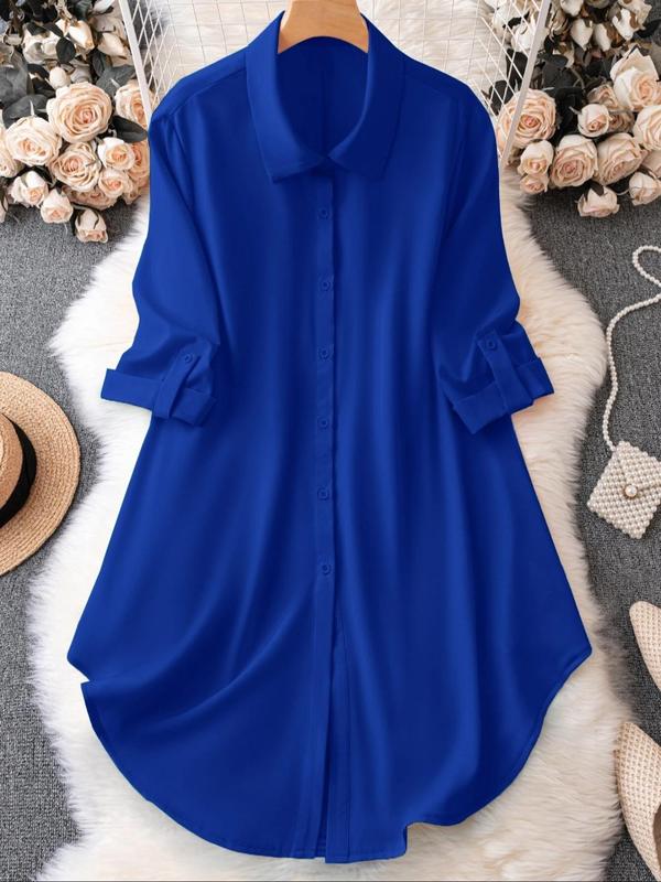 [Plus Size]Minimalist Solid Long Sleeve Button Front Fitted Shirt – Women’s Casual Chic Blouse for Spring & Fall