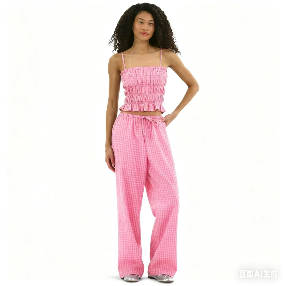 Plaid Seersucker Smocked Cami Top and Pants Set