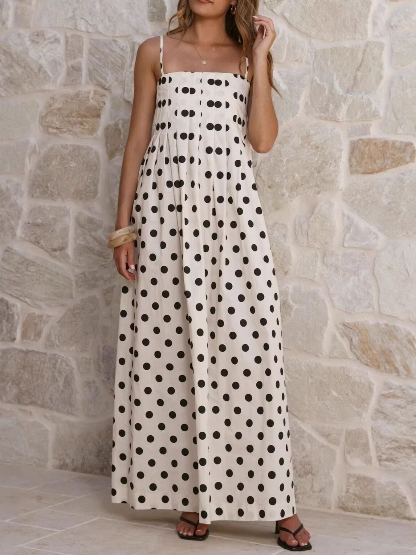 Polka Dot Pleated Detail Maxi Dress