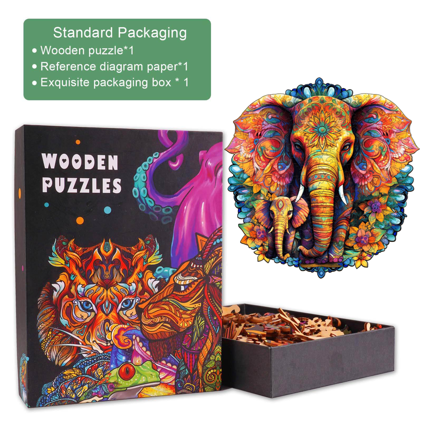 Mandala Parent-Child Elephant Wooden Jigsaw Puzzle