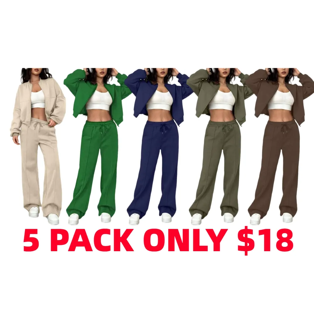 Two-piece Set Women's Solid Zip Up Drop Shoulder Jacket & Pocket Elastic Waist Pants