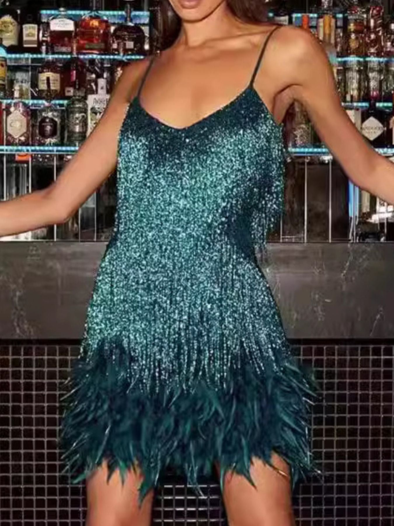 Sequin Fringe V-Neck Plus Size Mini Dress