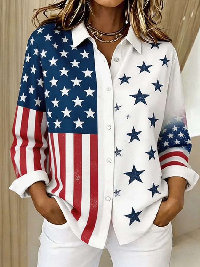 Women's Patriotic American Flag Decal Button Up Shirt