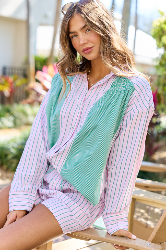 Palm Grove Light Pink and Green Multi Stripe Button Down Shirt