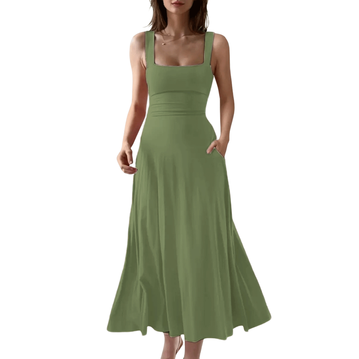 👗👗 Women’s Square Neck A-Line Flowy Dress with Pockets