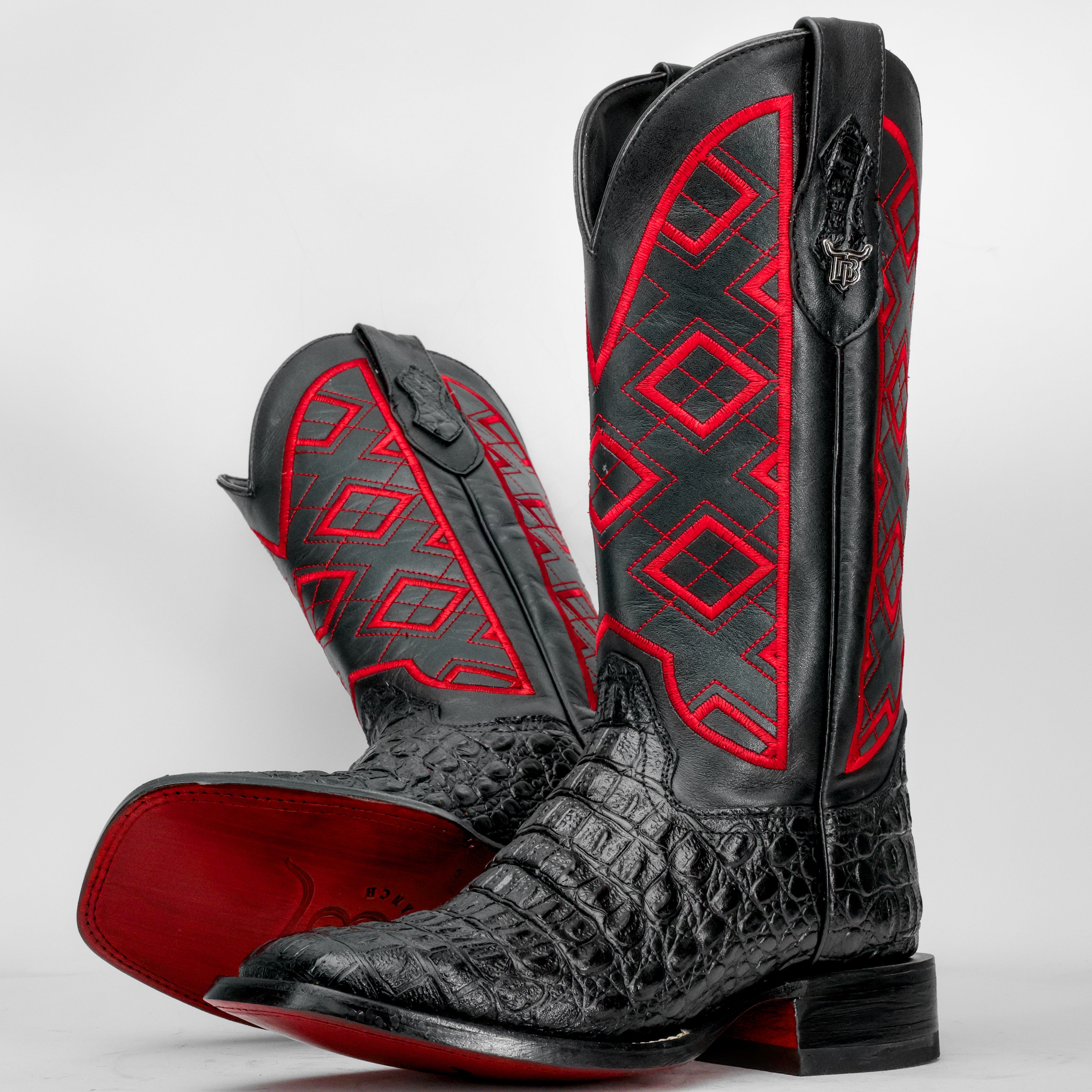 Black Caiman Hornback Leather Boots - Square Toe
