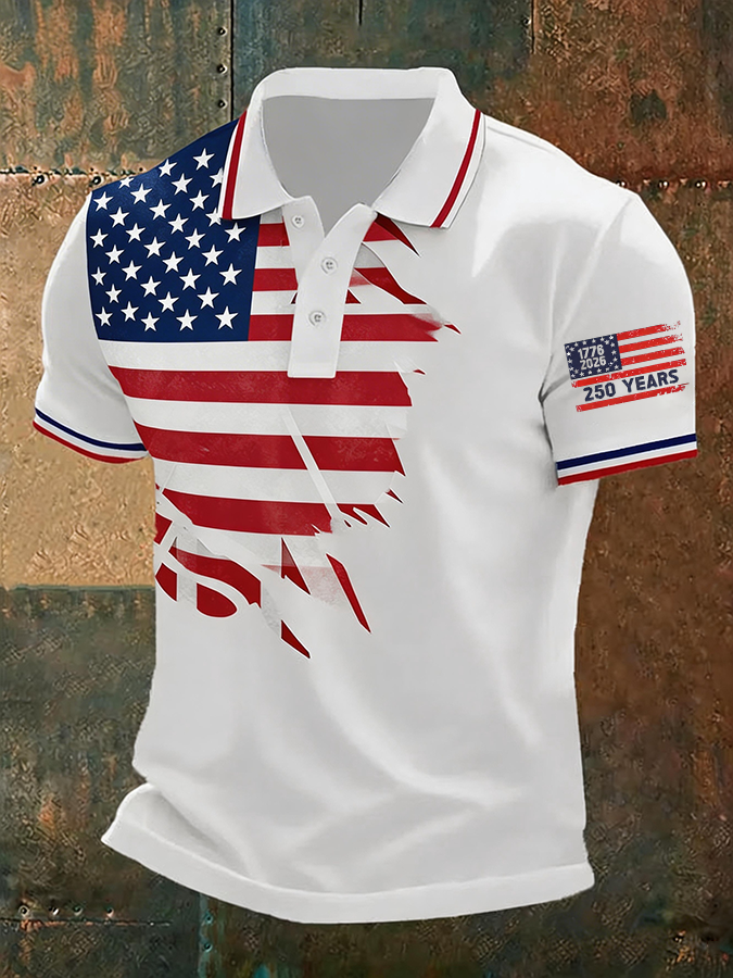 Men's Casual American Flag Printed Polo Shirt