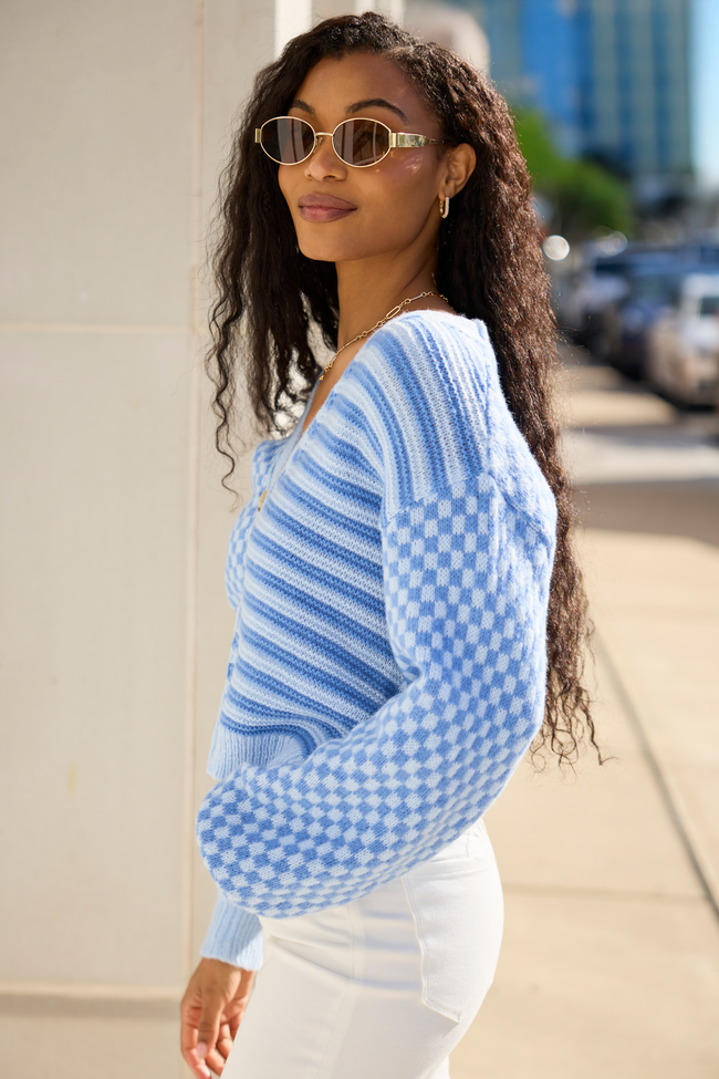 Samara Checkered And Stripes Blue Cardigan