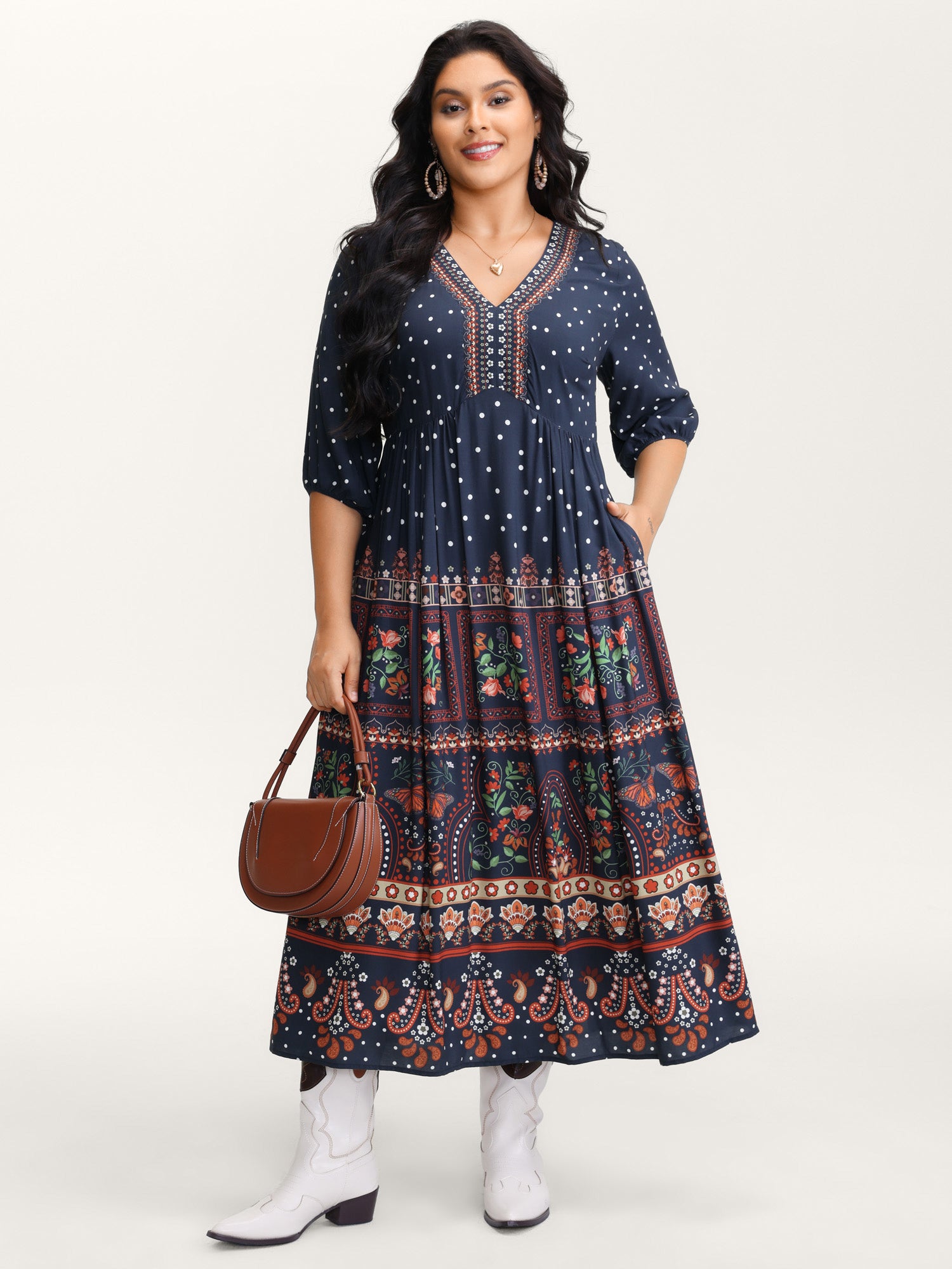 Boho Floral Print Pockets Contrast Maxi Dress