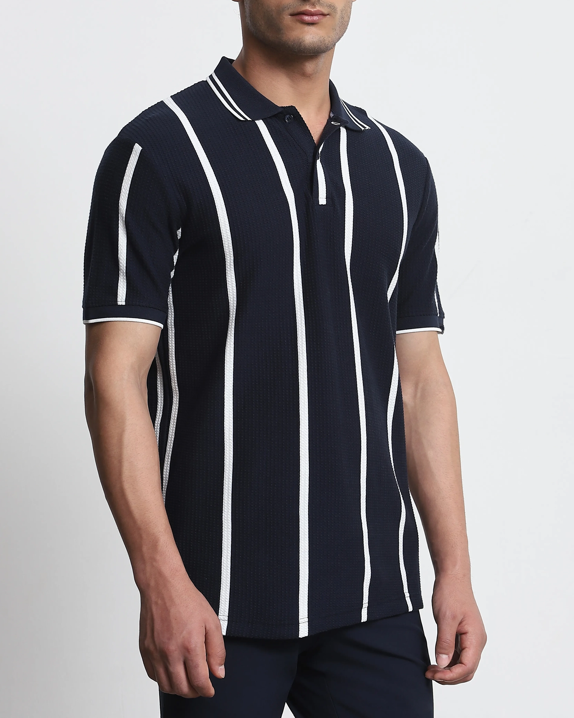 Daily Simple And Slimming Navy Striped Polo Shirt