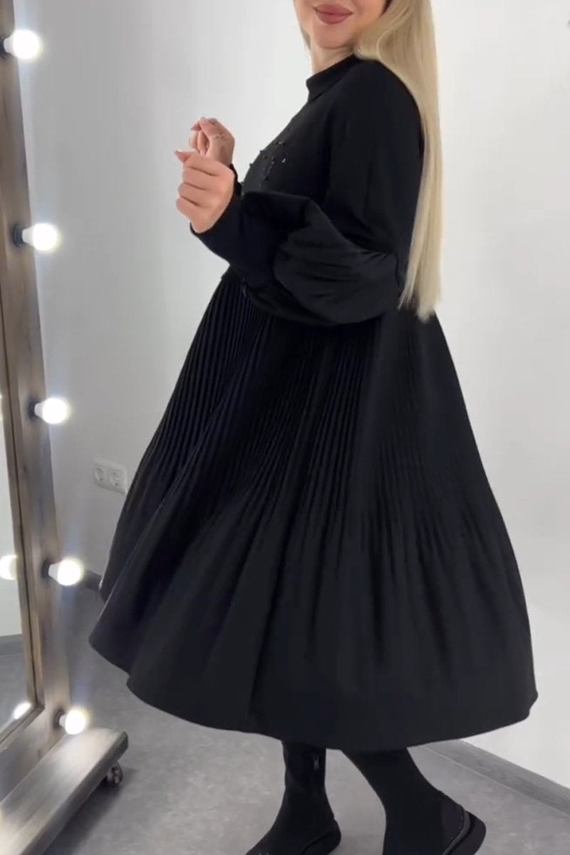 Women's Round Neck Lantern Sleeve Rhinestone Pleated Dress