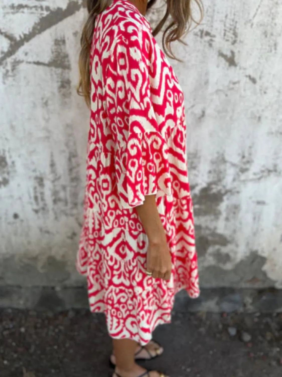 Plus Size Ethnic Print Notched Half Sleeve Midi Dress