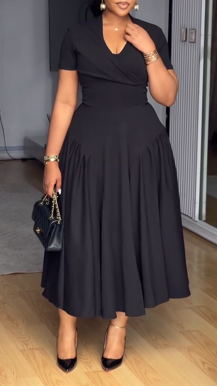 Women V-neck Solid Color Elegant Casual Dress