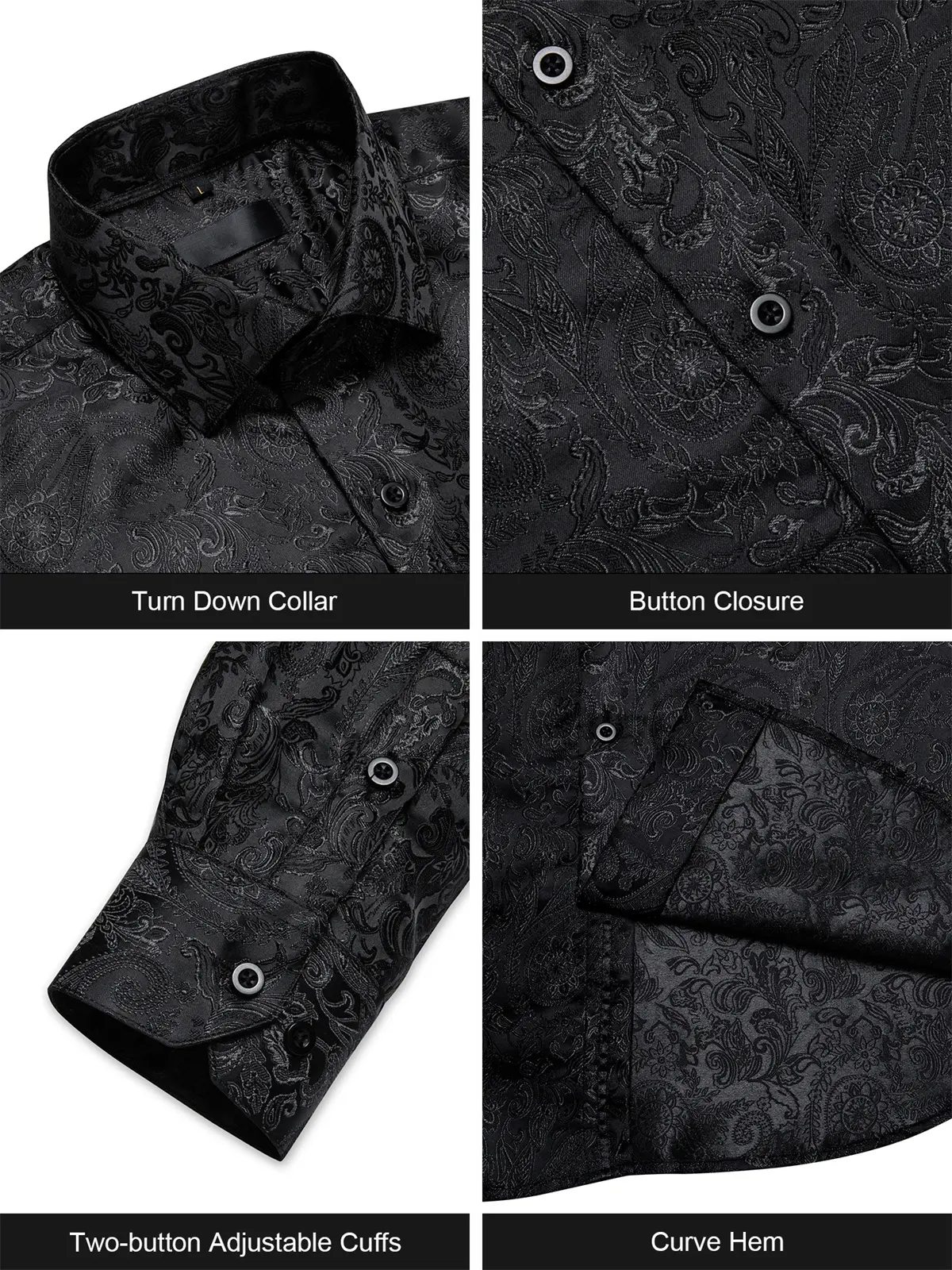 Men's Paisley Dress Shirt Long Sleeve Wrinkle Free Button Down Cowboy Shirts - Black