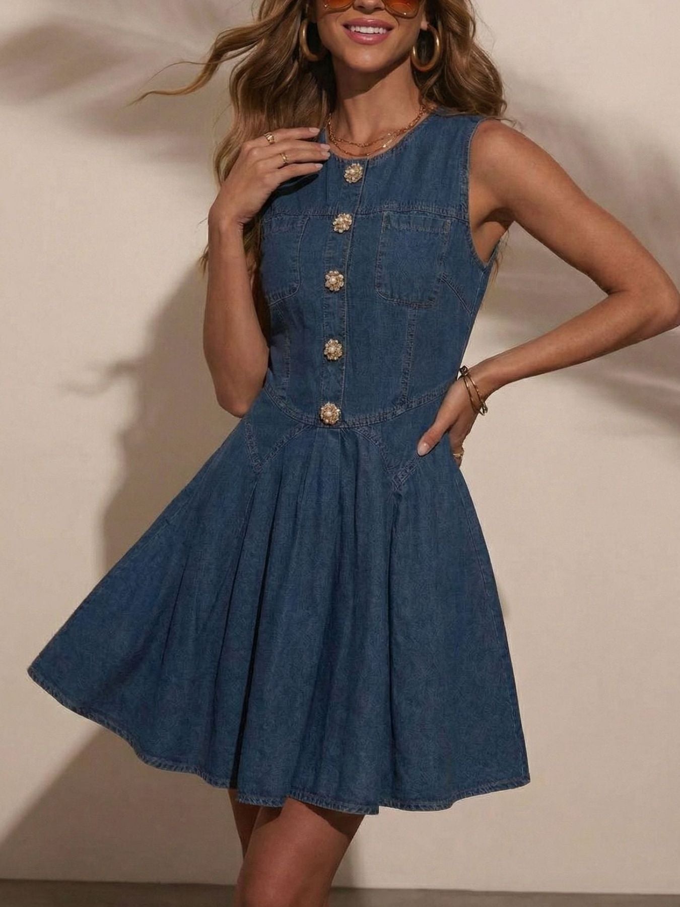 Button Decor Sleeveless Denim Dress